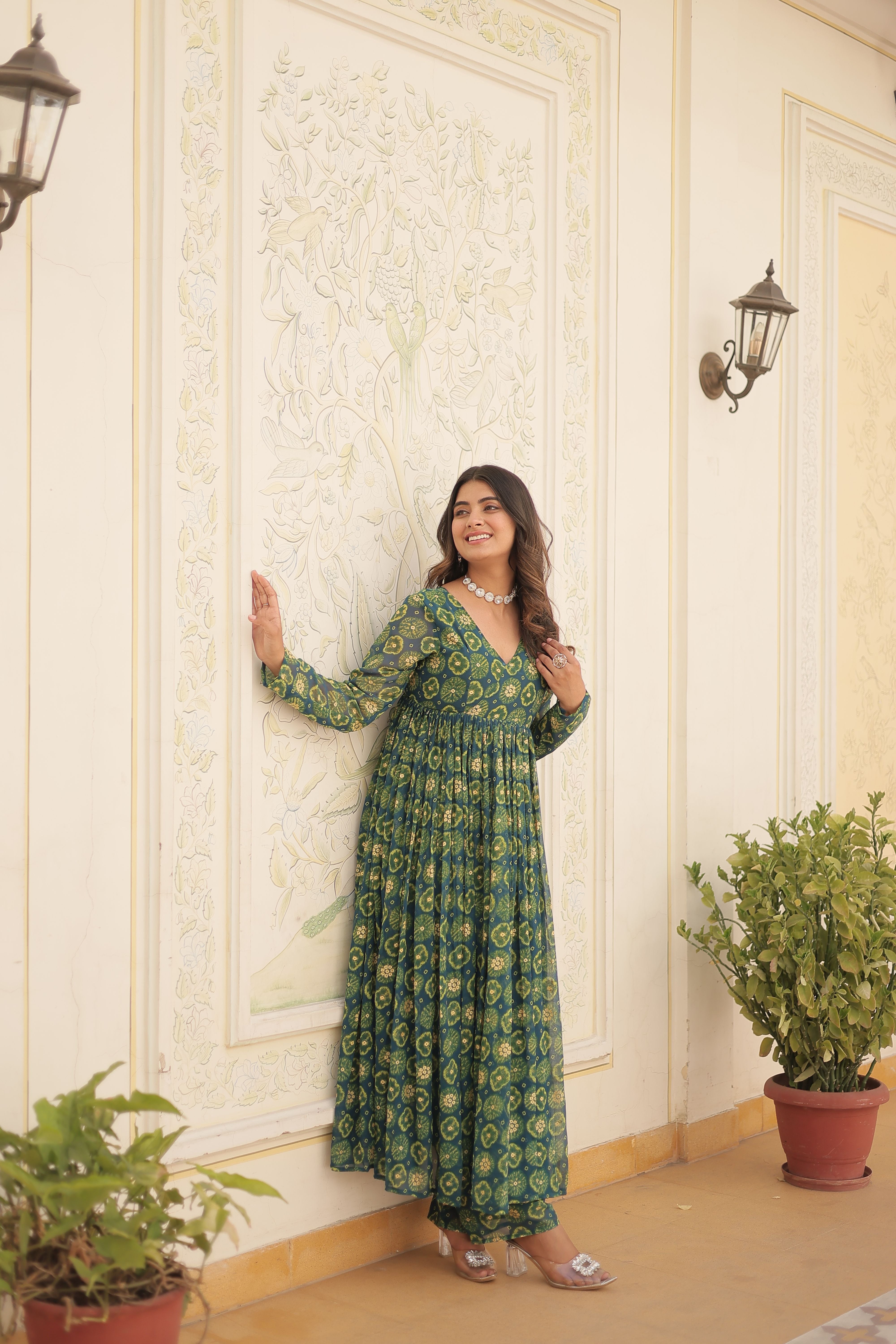 Aastha Green Faux Georgette with Gown fabric