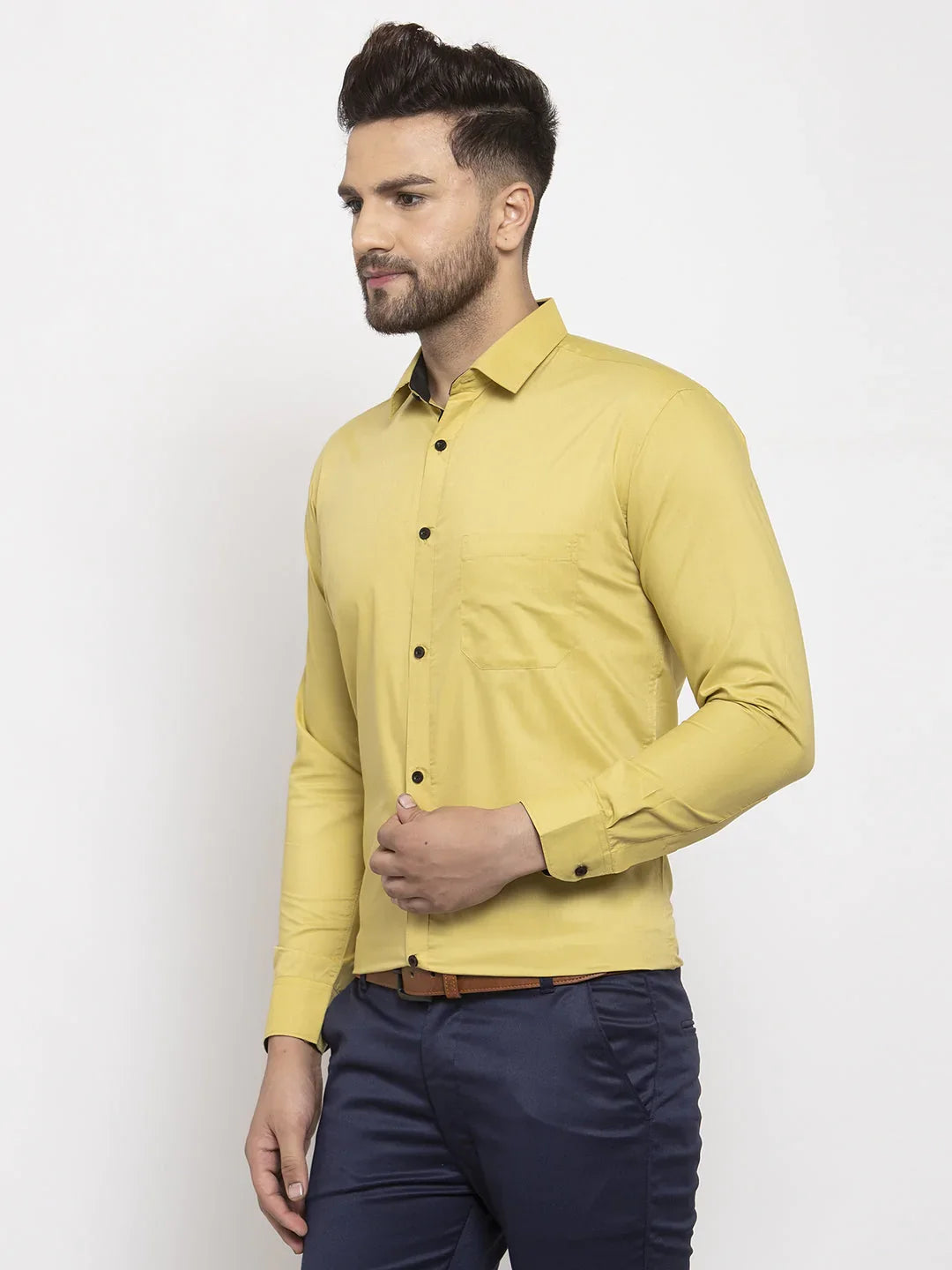 Jainish Lime Yellow Formal Shirt with black detailing ( SF 411Lime )