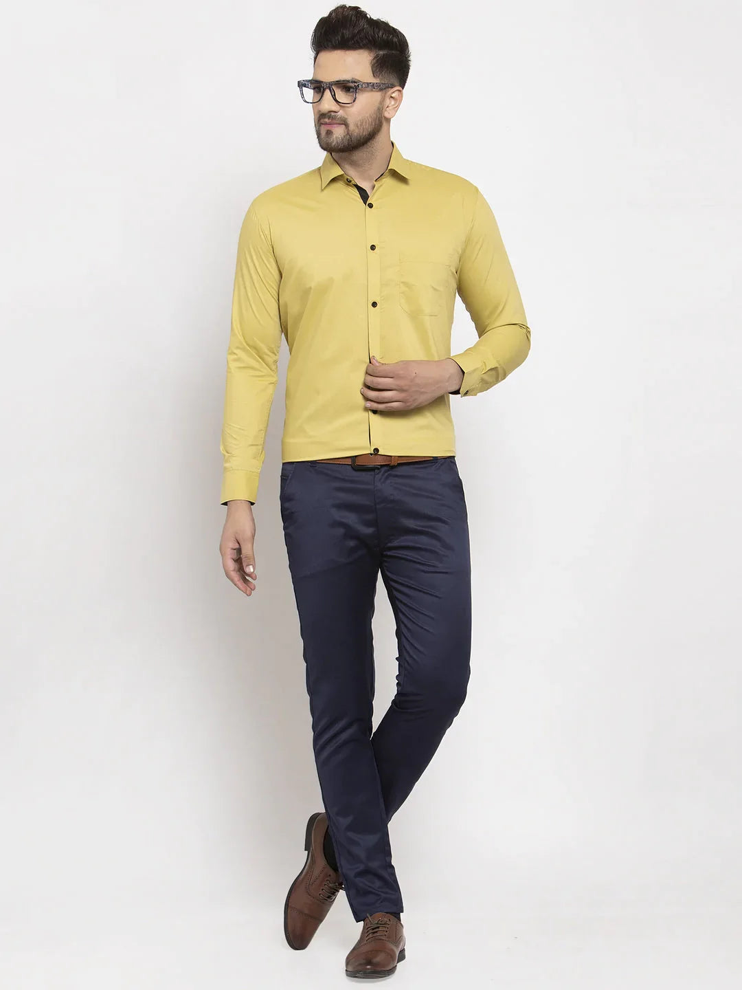 Jainish Lime Yellow Formal Shirt with black detailing ( SF 411Lime )