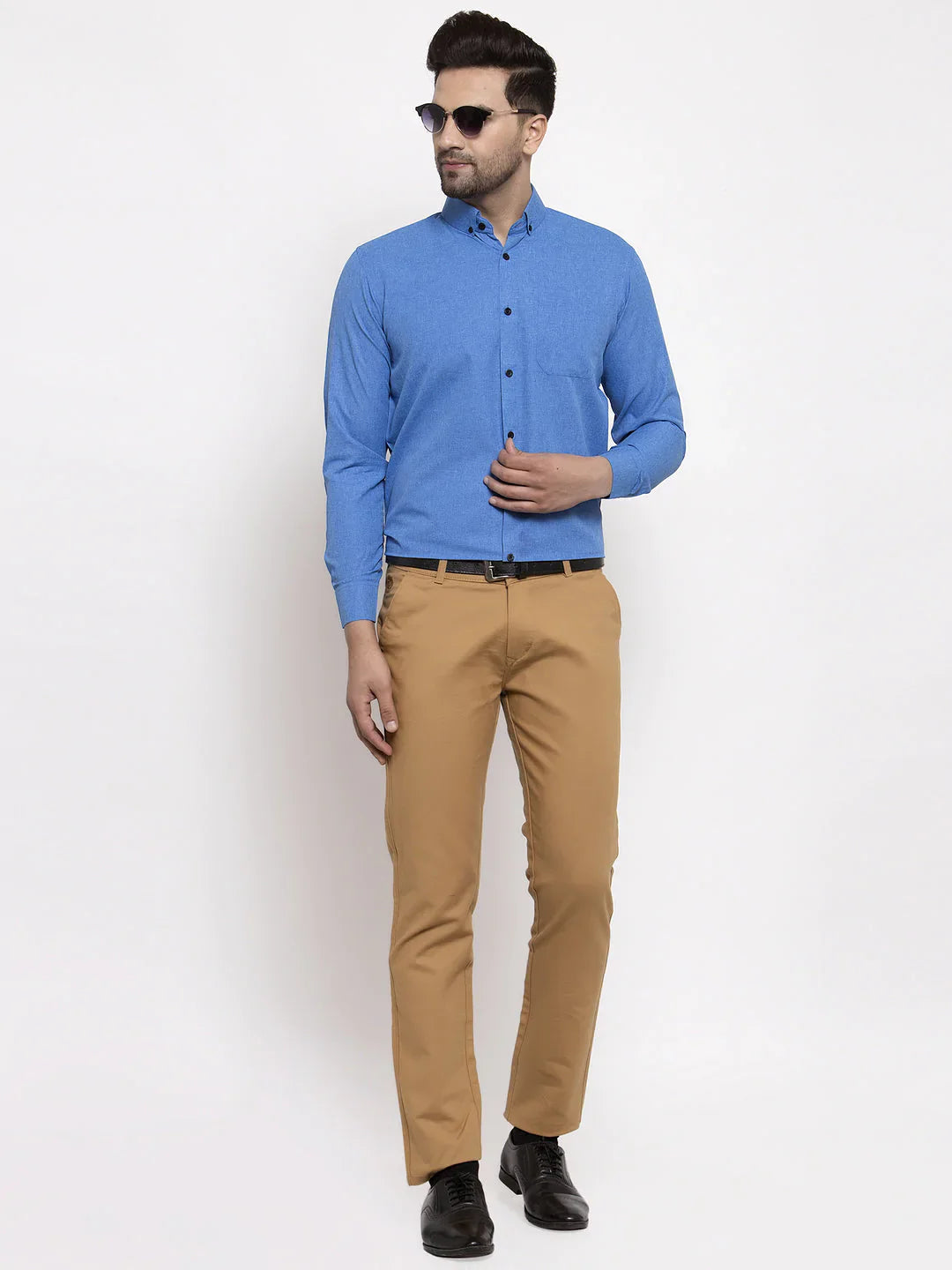 Jainish Blue Men's Cotton Solid Button Down Formal Shirts ( SF 734Blue )