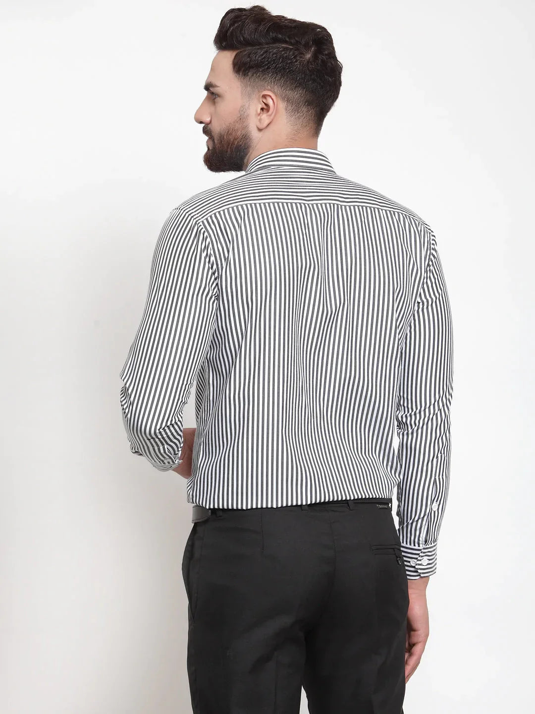 Jainish Black Men's Cotton Striped Formal Shirts ( SF 735Black )