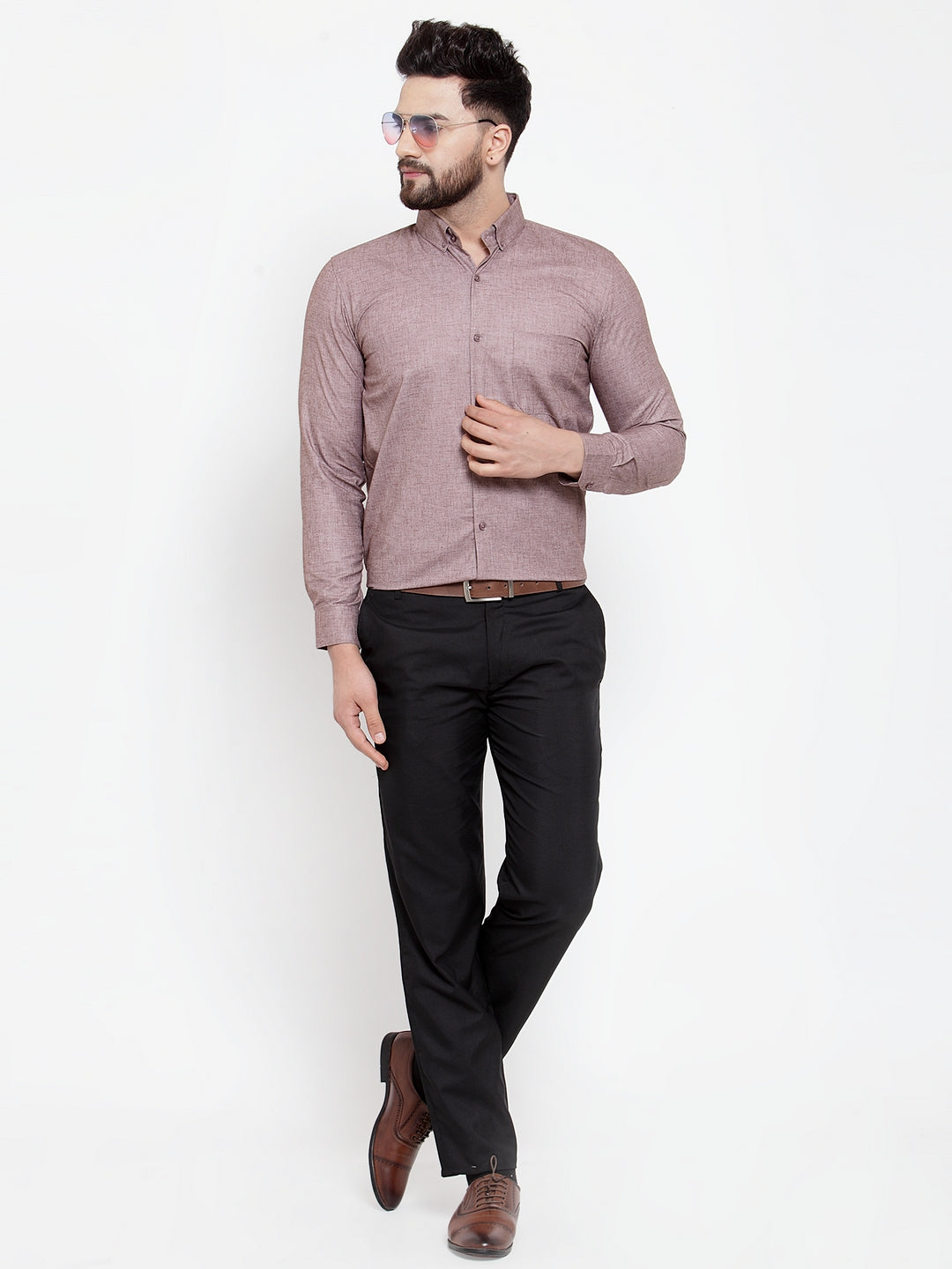 Indian Needle Brown Men's Cotton Solid Button Down Formal Shirts
