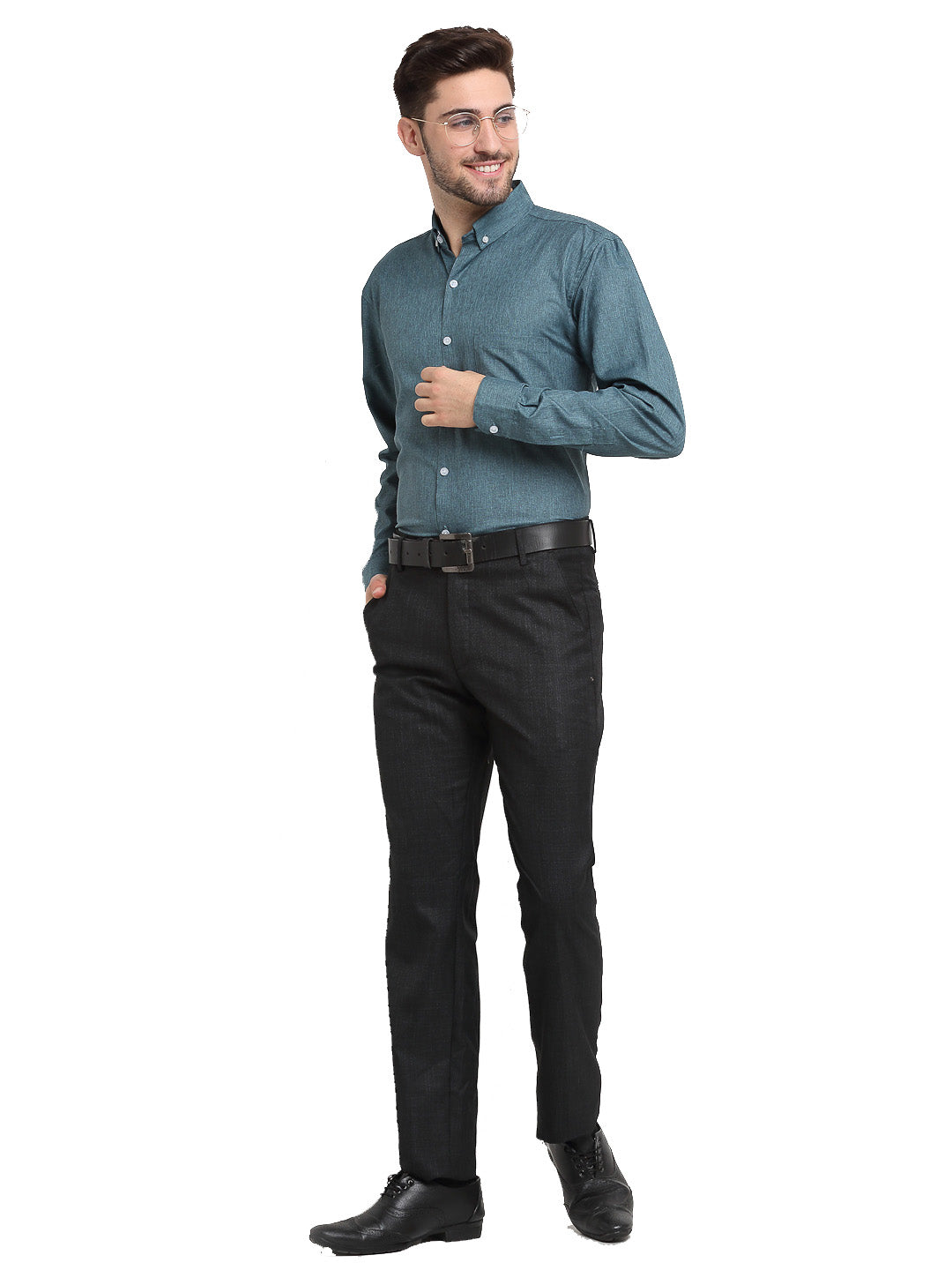 Indian Needle Grey Melange Men's Button Down Collar Cotton Formal Shirt