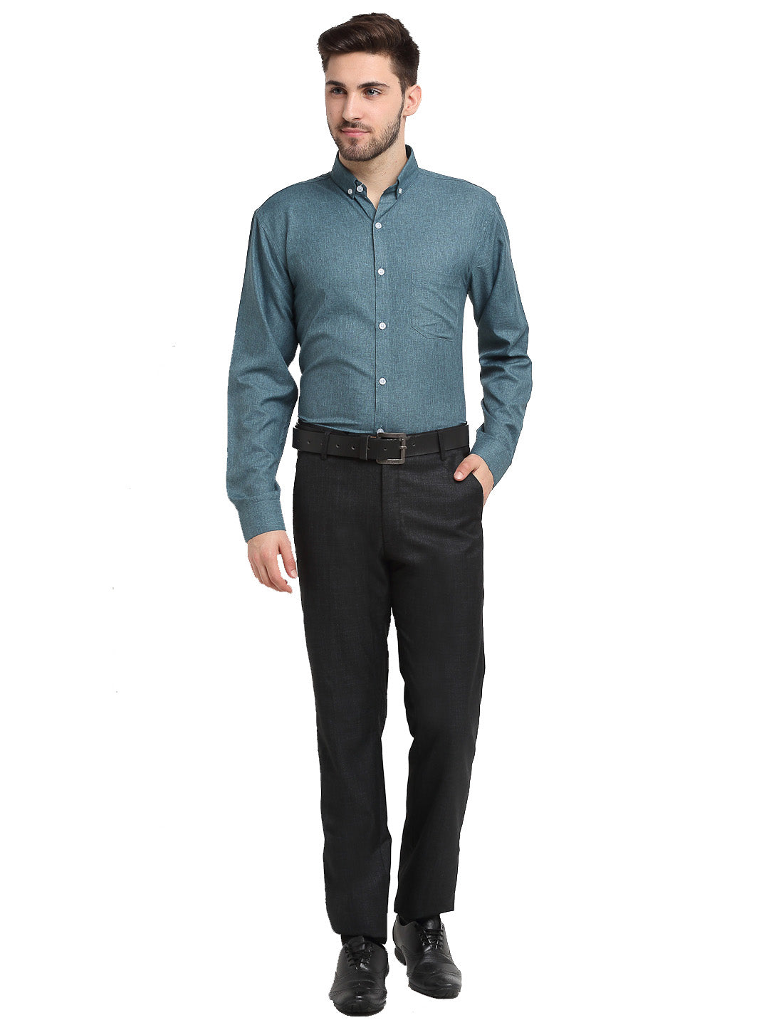 Indian Needle Grey Melange Men's Button Down Collar Cotton Formal Shirt