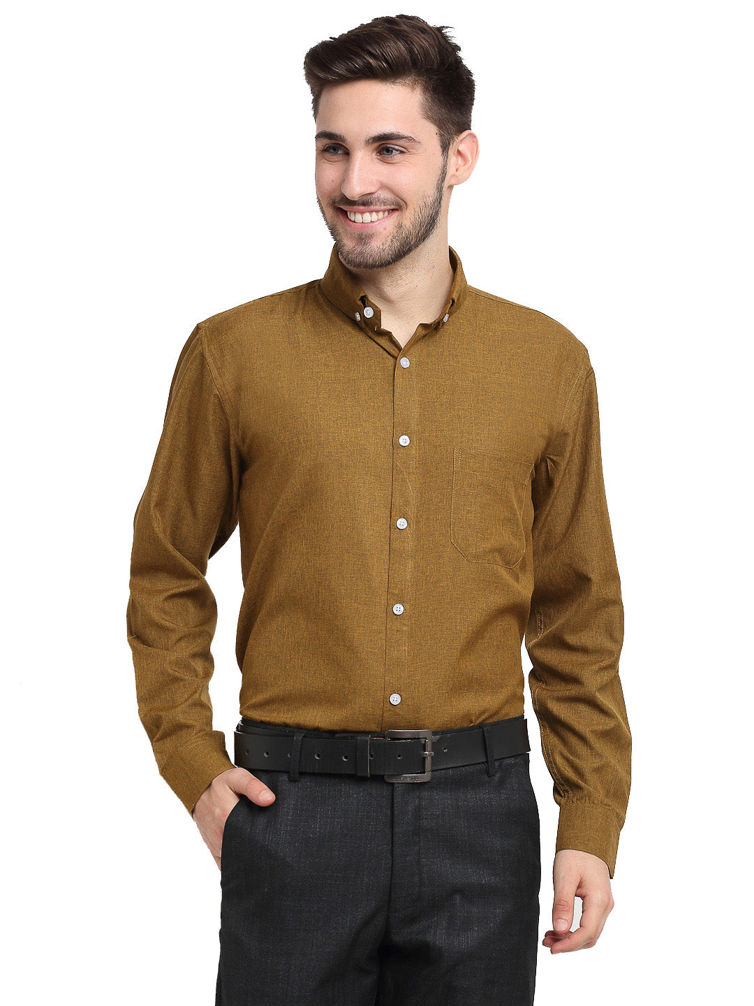 Indian Needle Olive Men's Button Down Collar Cotton Formal Shirt