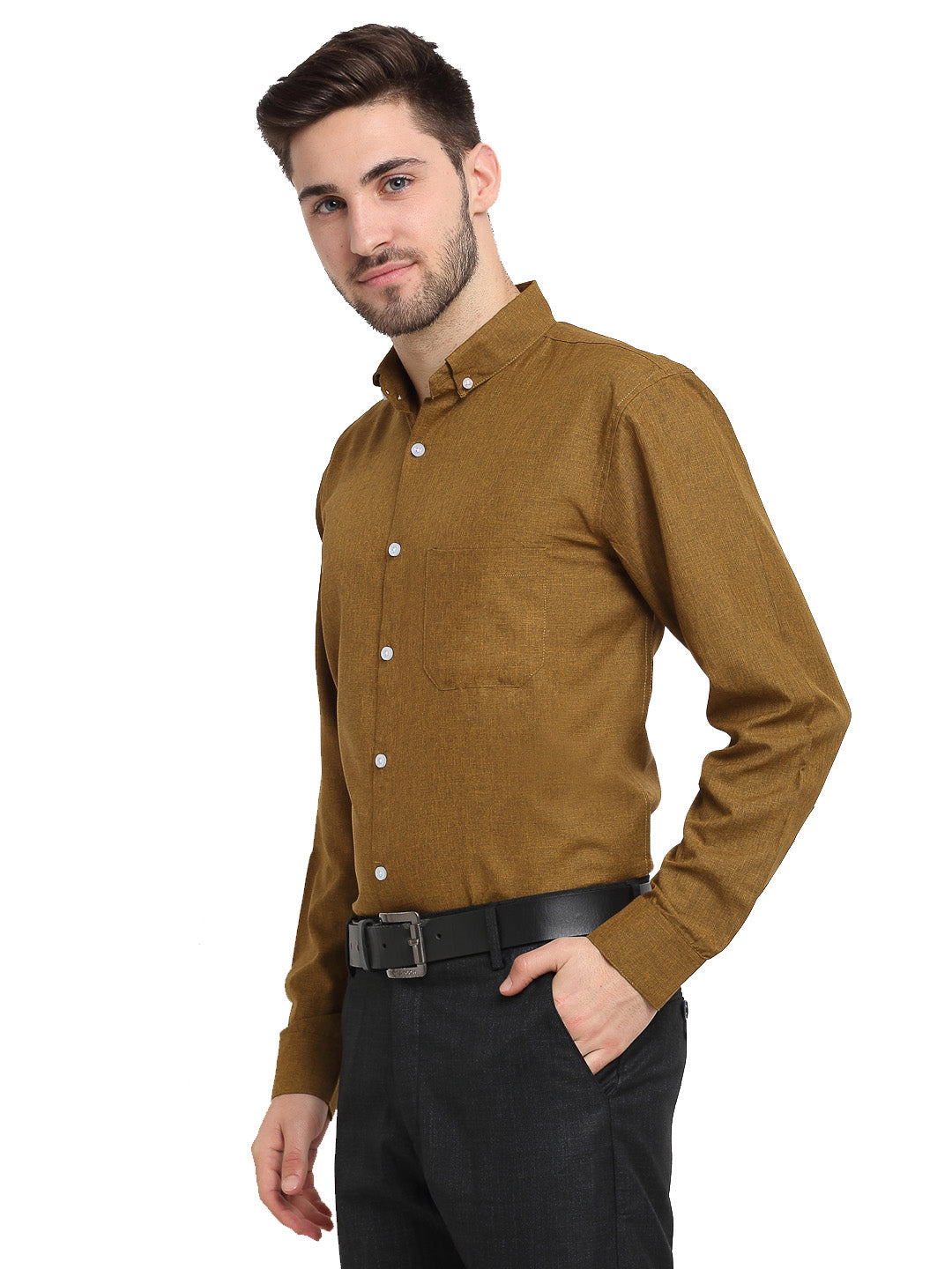 Indian Needle Olive Men's Button Down Collar Cotton Formal Shirt