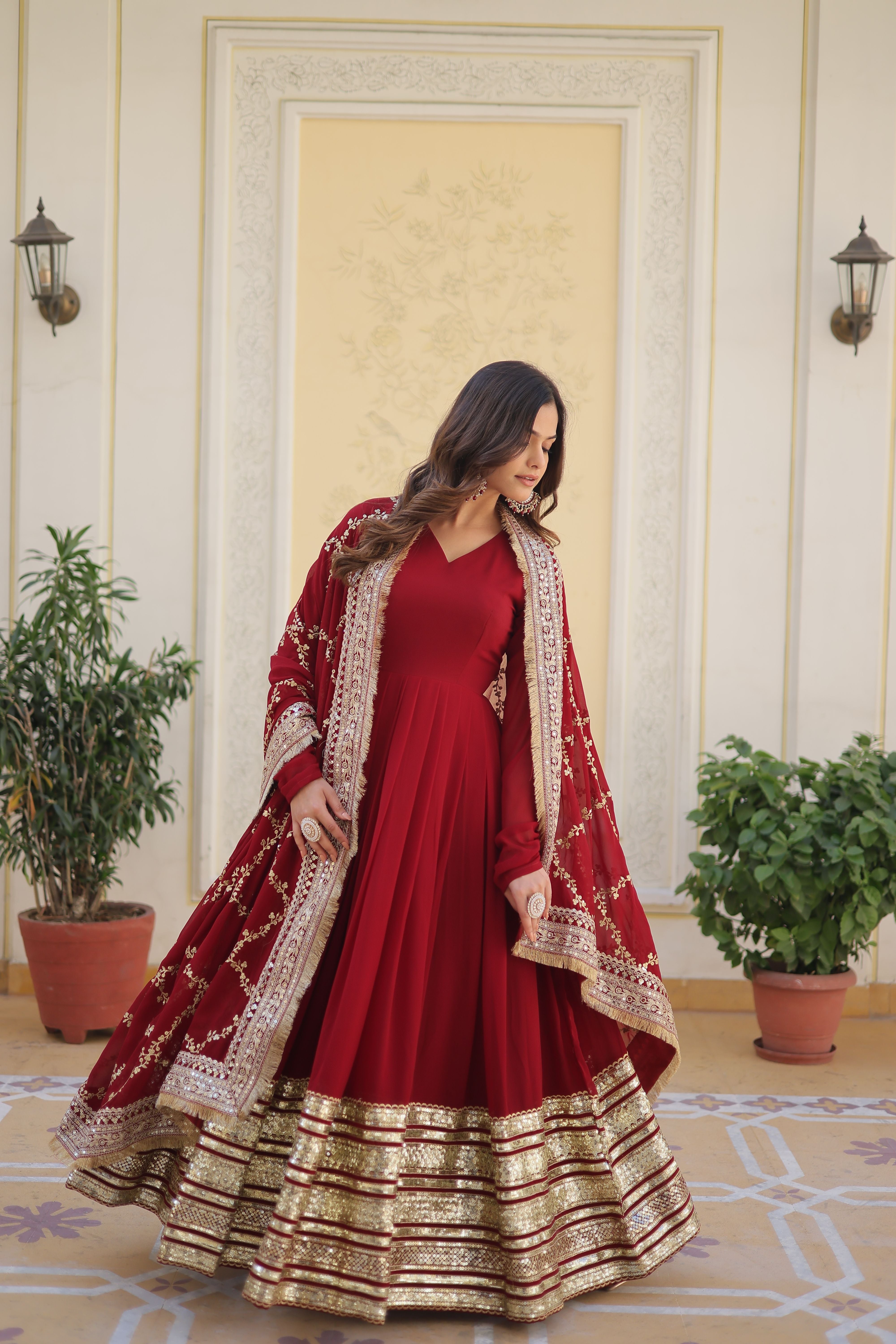 Aastha Maroon Faux Blooming with Gown fabric Embroidery Zari Sequins
