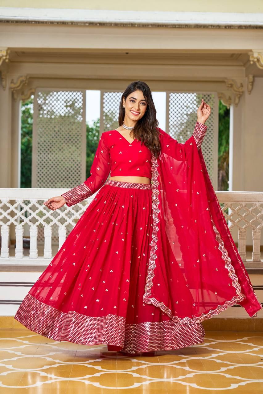 Aastha fashion Red Faux Georgette lehanga blouse fabric Glamorous Festival Lehenga Choli Lehenga Collection