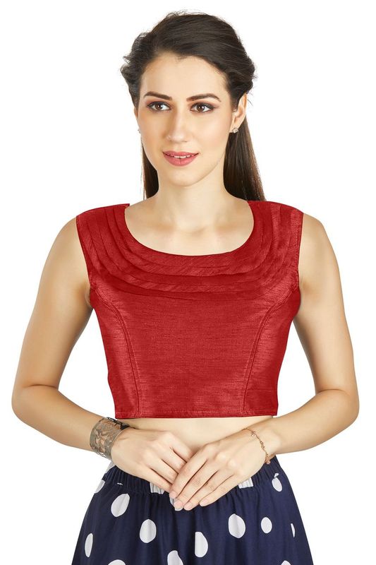 Aastha fashion Red Art Silk Pleated Boat Neck Blouse Work Plain