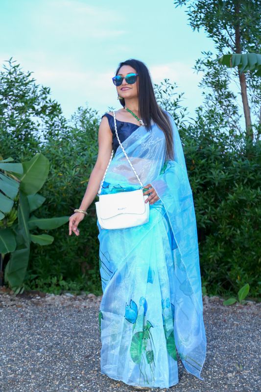 Aastha Navy Blue Soft Organza Beautiful floral print work