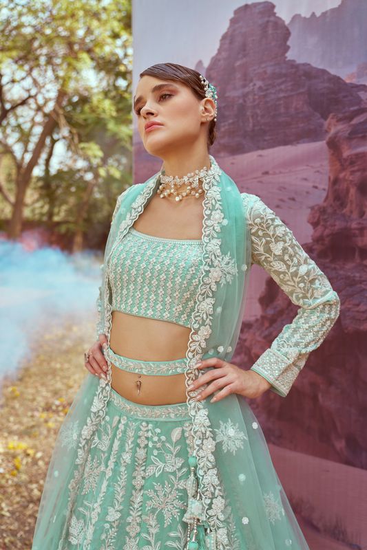 Aastha fashion Seagreen Organza lehanga blous Embroidery Work