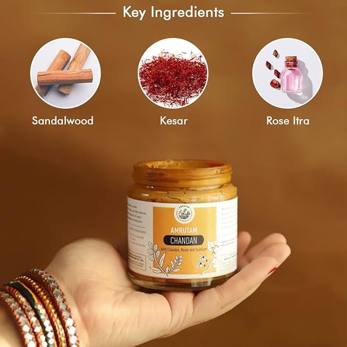 AMRUTAM 100% Herbal Pure Original Chandan, Sandalwood, Idol Pooja, Tilak, Hawan, Yoga & Meditation, Long Lasting Fragrance, Cooling, Chandan Paste/Tilak, Kesar, Kapoor & Jatamansi