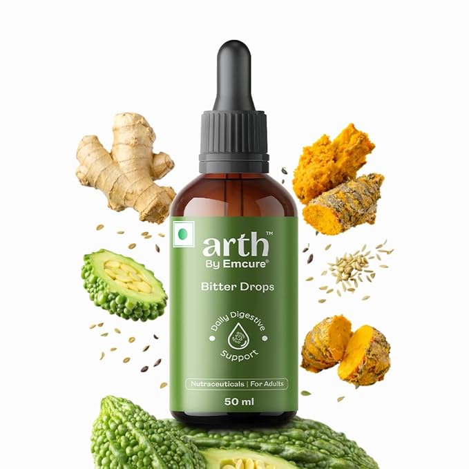 Bottle of arth by Emcure Bitter Drops with natural ingredients on a white background