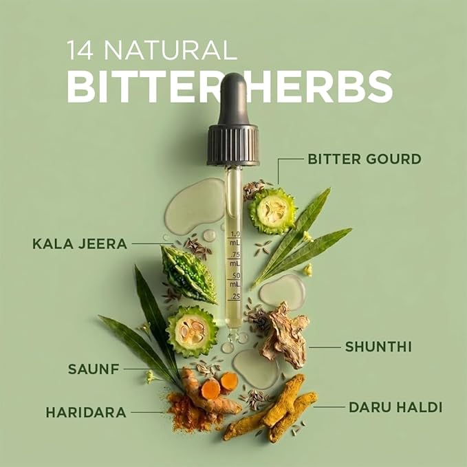 14 natural bitter herbs with a dropper on a green background