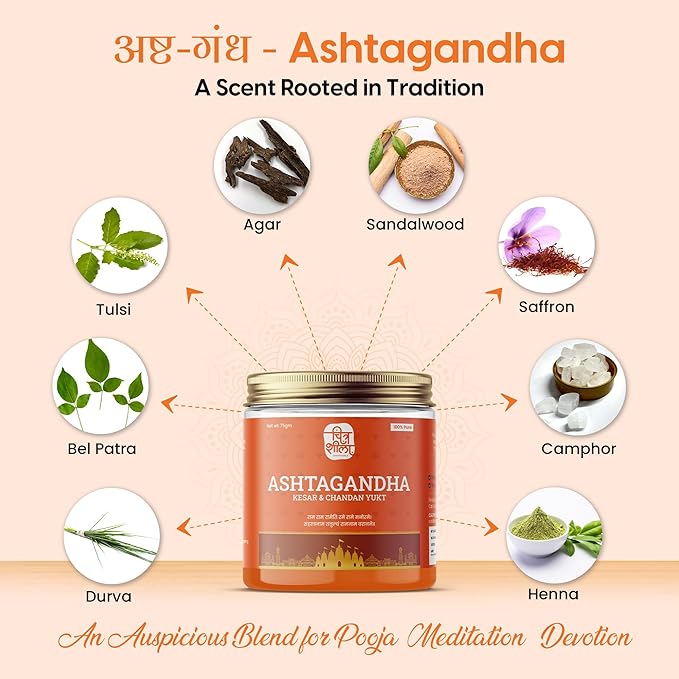 CHITRASHILA® Ashtagandha with Kesar & Chandan | Herbal Tilak/Tika for Pooja, Meditation & Rituals | Infused with Divine Aroma | Natural Fragrant Tilak Powder | 75g