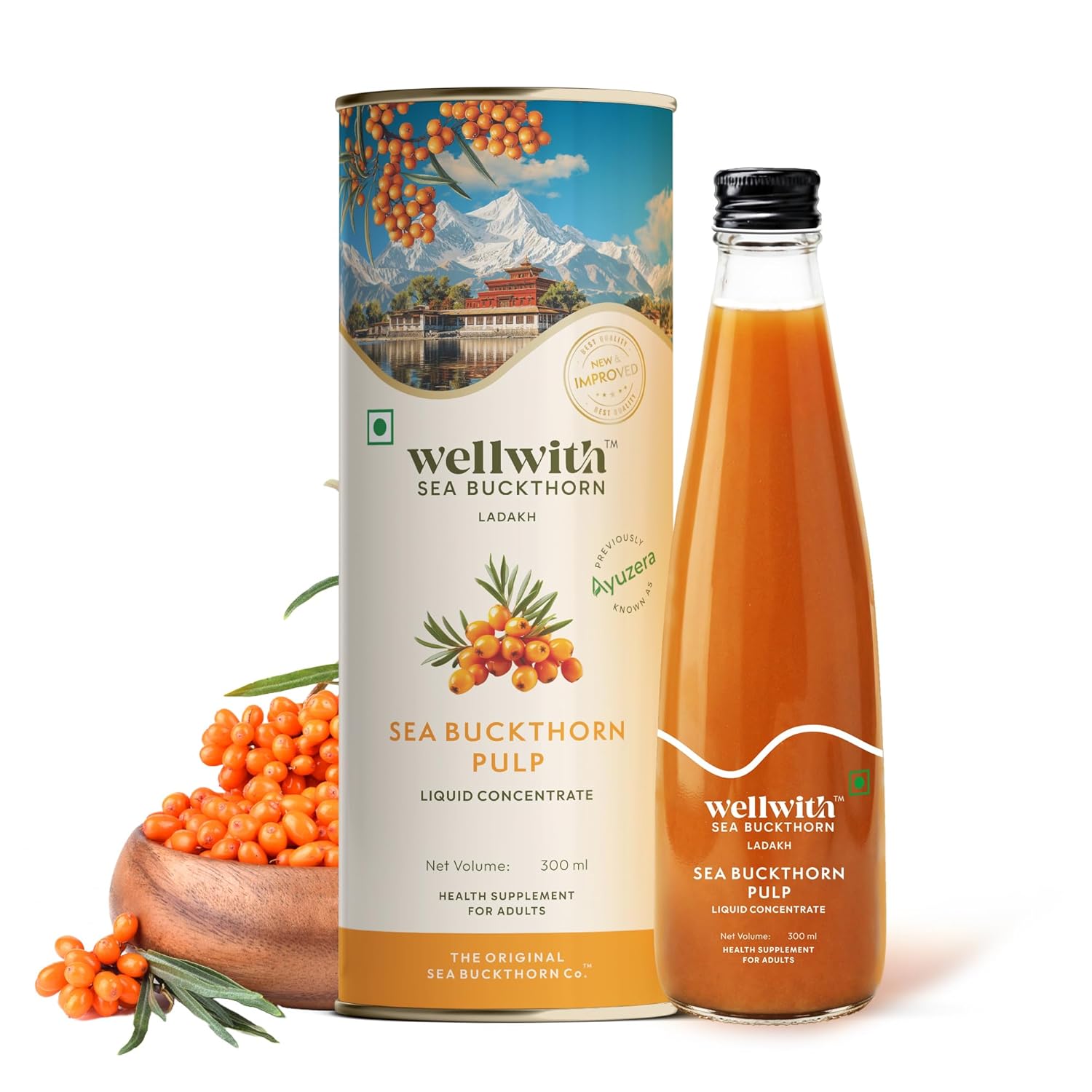 Wellwith Sea Buckthorn product packaging and bottle on a white background