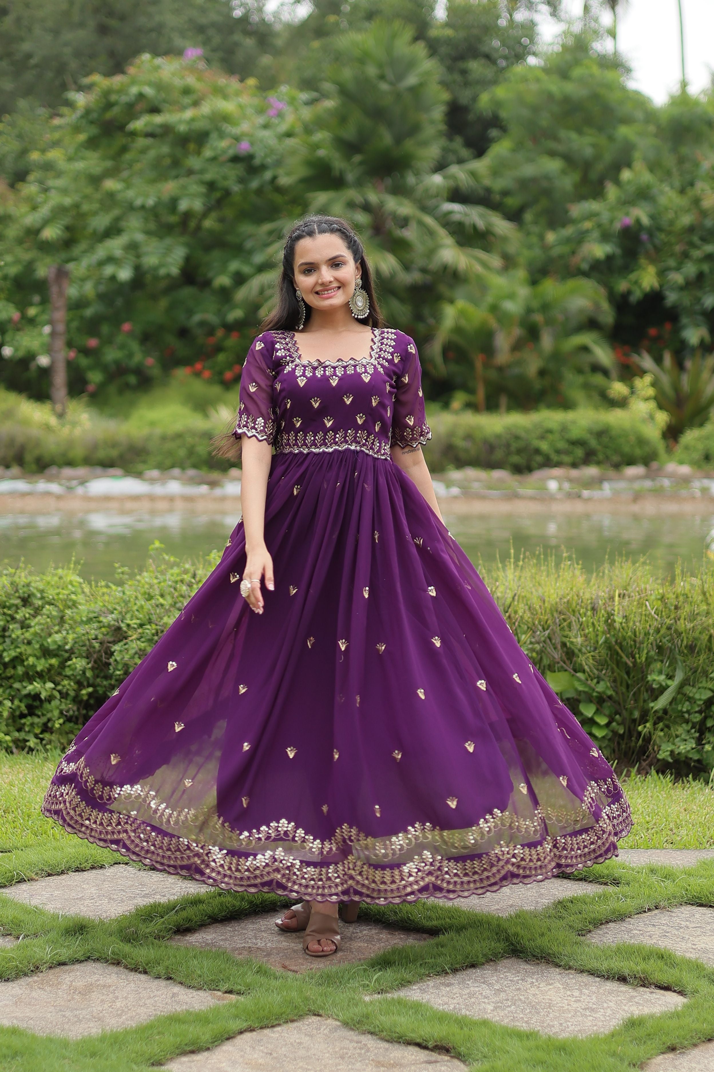 Aastha Purple Faux Blooming with Gown Embroidery Zari Sequins-work