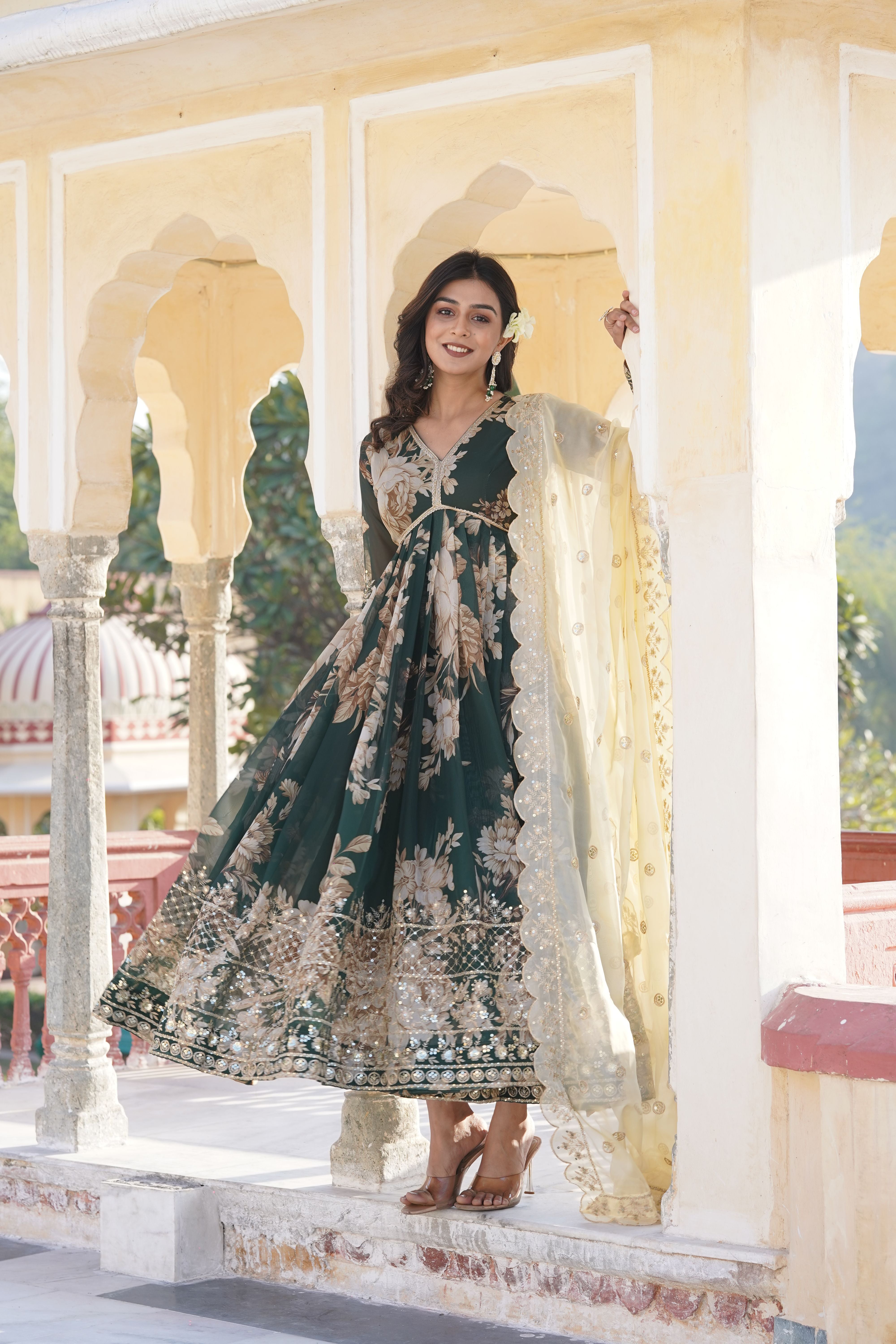 Aastha Green Faux Blooming with Gown fabric Embroidery Zari Sequins