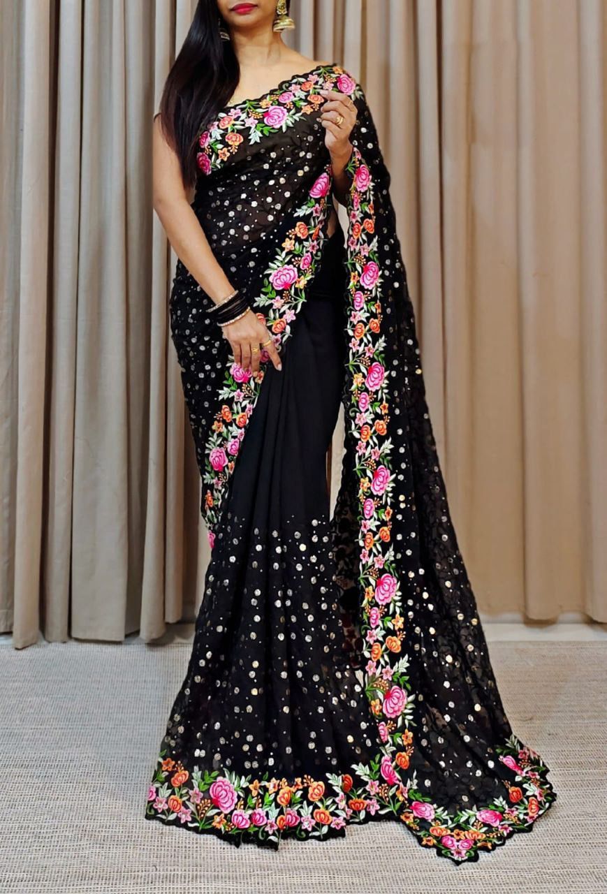 Aastha Black Soft Georgette Fabric with Banglori Blouse fabric Beautiful Sequance and multicoloured Embroidery work