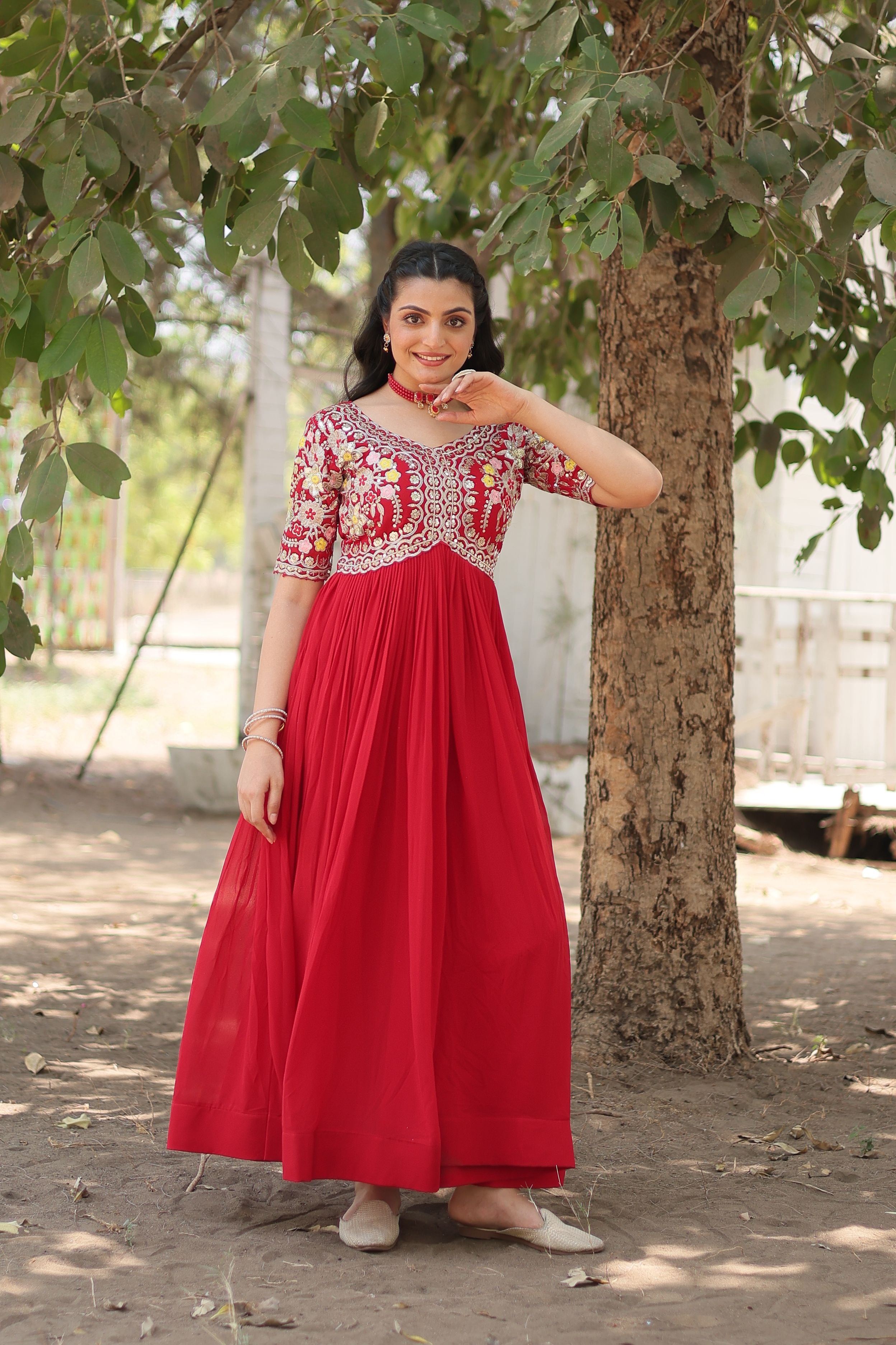 Aastha Red with Gown fabric Faux Georgette Embroidery Zari Sequins-work