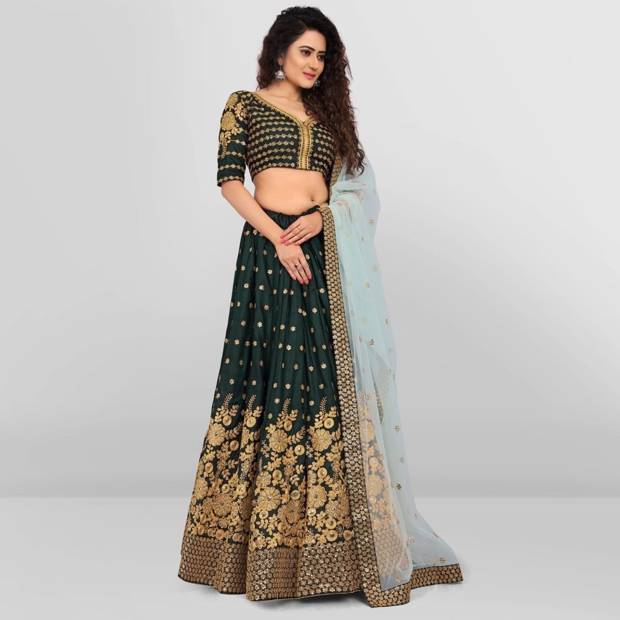 Aastha fashion Dark Green Stain lehanga blouse Embroidered work - Prithvi Mart