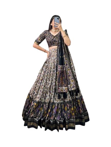 Woman's perfectly Navratri Collection Tussar Silk Lehenga Choli Patola Print with Foil Work