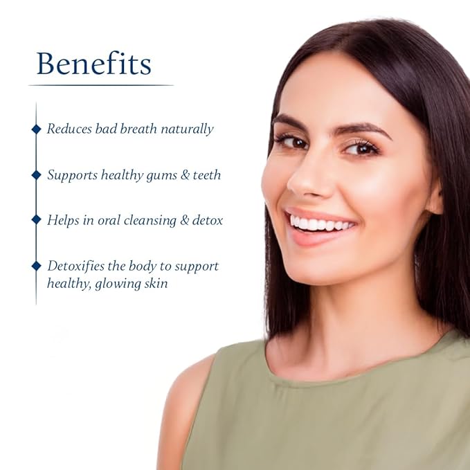 Woman with a smile, benefits listed on a white background
