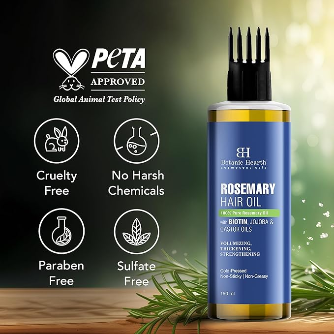 Botanic Hearth Rosemary Hair Oil bottle with PETA approval logo and product features on a blurred natural background