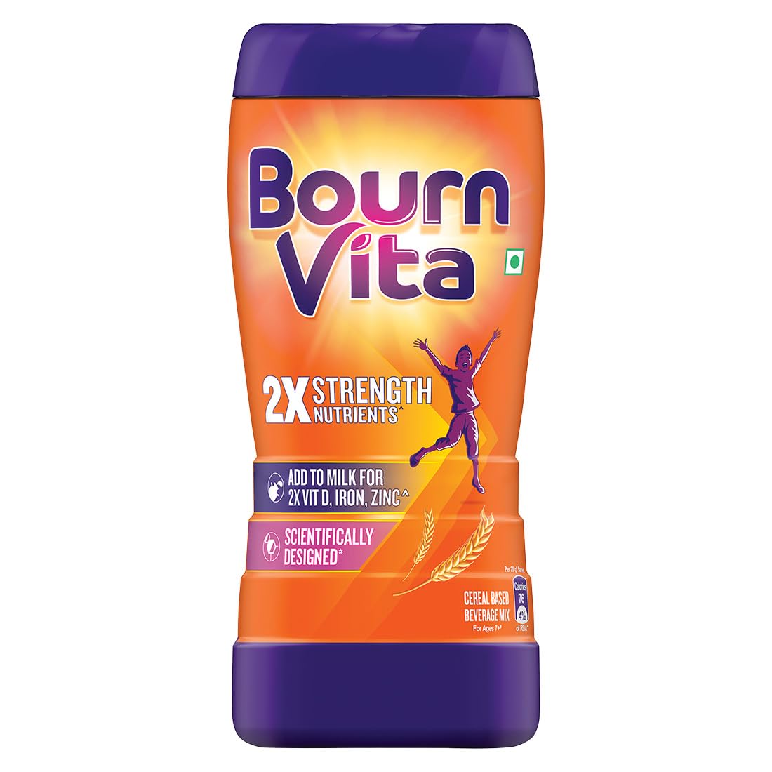 Bourn Vita supplement container with orange and purple design on a white background