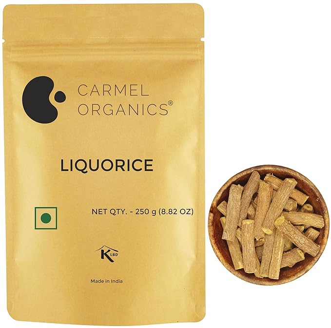 Caramel Organics liquorice packaging with a bowl of liquorice sticks on a white background