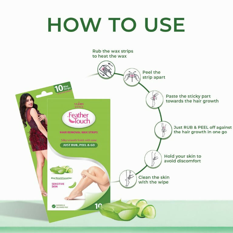 VI-JOHN Feather Touch Cucumber & Alevera Hair Removal Wax Strips for Dry Skin Praraben & Sulphate Free