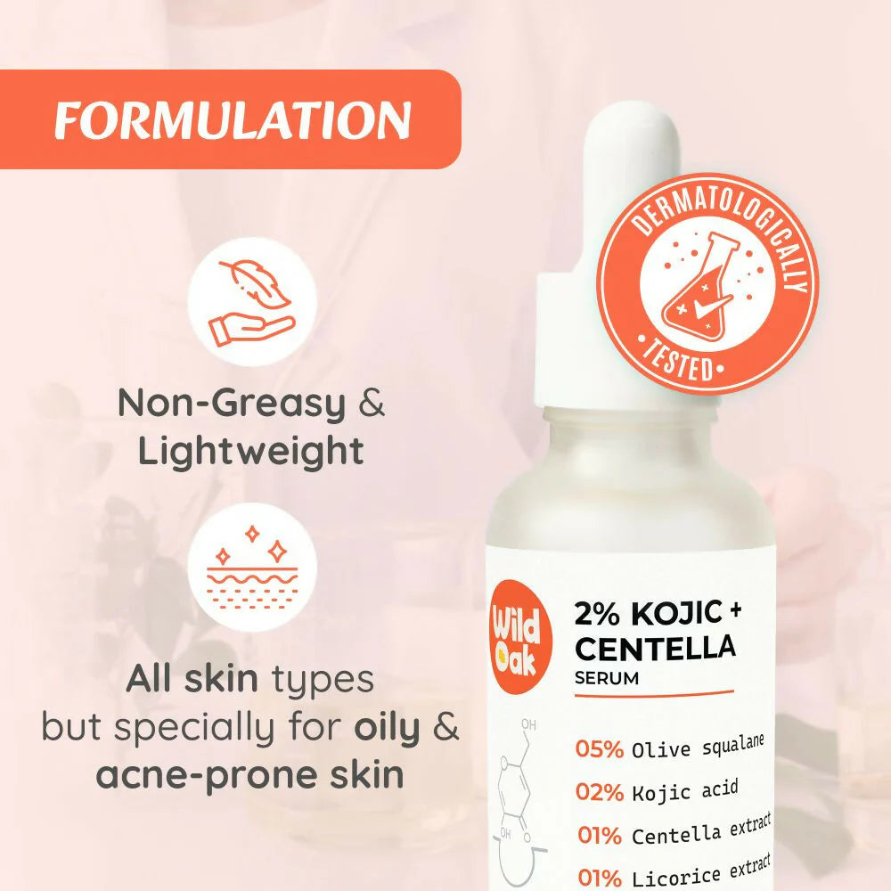 WildOak 2% Kojic + Centella Face Serum | For Hyperpigmentation Brightening Sun Damage & Melasma Care | Skin Glow & Repair Formula | Dark Spot Corrector | With Olive Squalane & Licorice Extract | 30ml