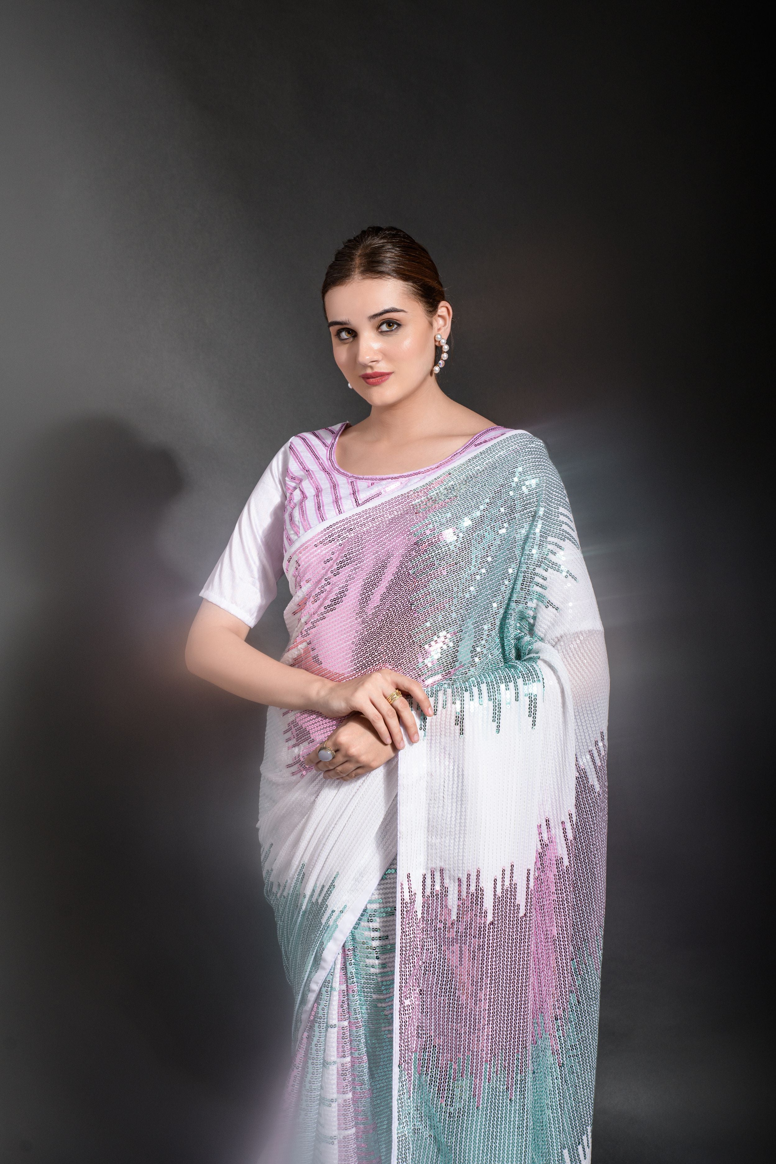 Aastha White Heavy Georgette Fabric Beautiful Multicolored Sequence embroidery work