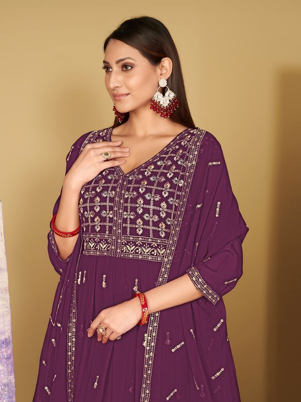 Aastha Purple with Net top fabric Georgette Crepe Net Bottom fabric