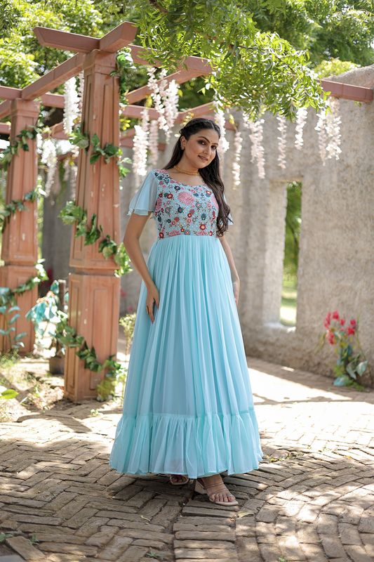 Aastha Sky Fox Georgette with Gown Fabric Sequins Multithreaded Embroidered work