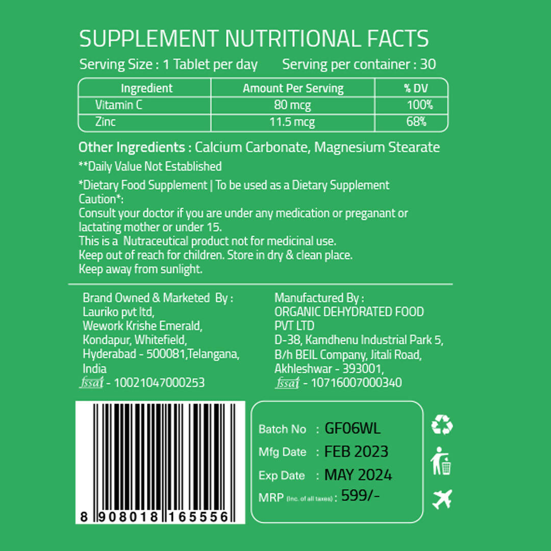Laurik Plant Based Vitamin C With Zinc Supplements Tablets For Men & Women | Maintain Energy Levels & Boost Immunity
