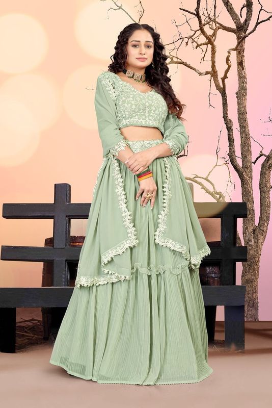 Aastha fashion Sea green Georgette lehanga blouse Embroidered work - Prithvi Mart