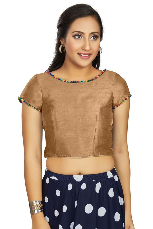 Aastha fashion Beige Art Slik Boat Neck Blouse Work Plain