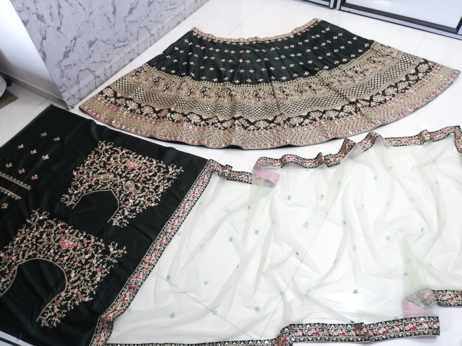 Aastha fashion dark green diamond stain slik lehanga blouse fabric embroidery work