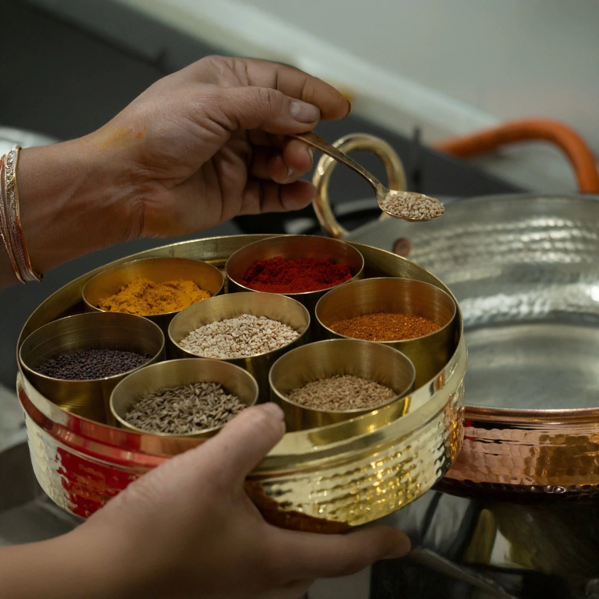 Health Smith Pure Brass Masala Dabba/Spice Box Dabba for Kitchen - 7 Containers and 1 Spoon - Lead-Free & Harmless