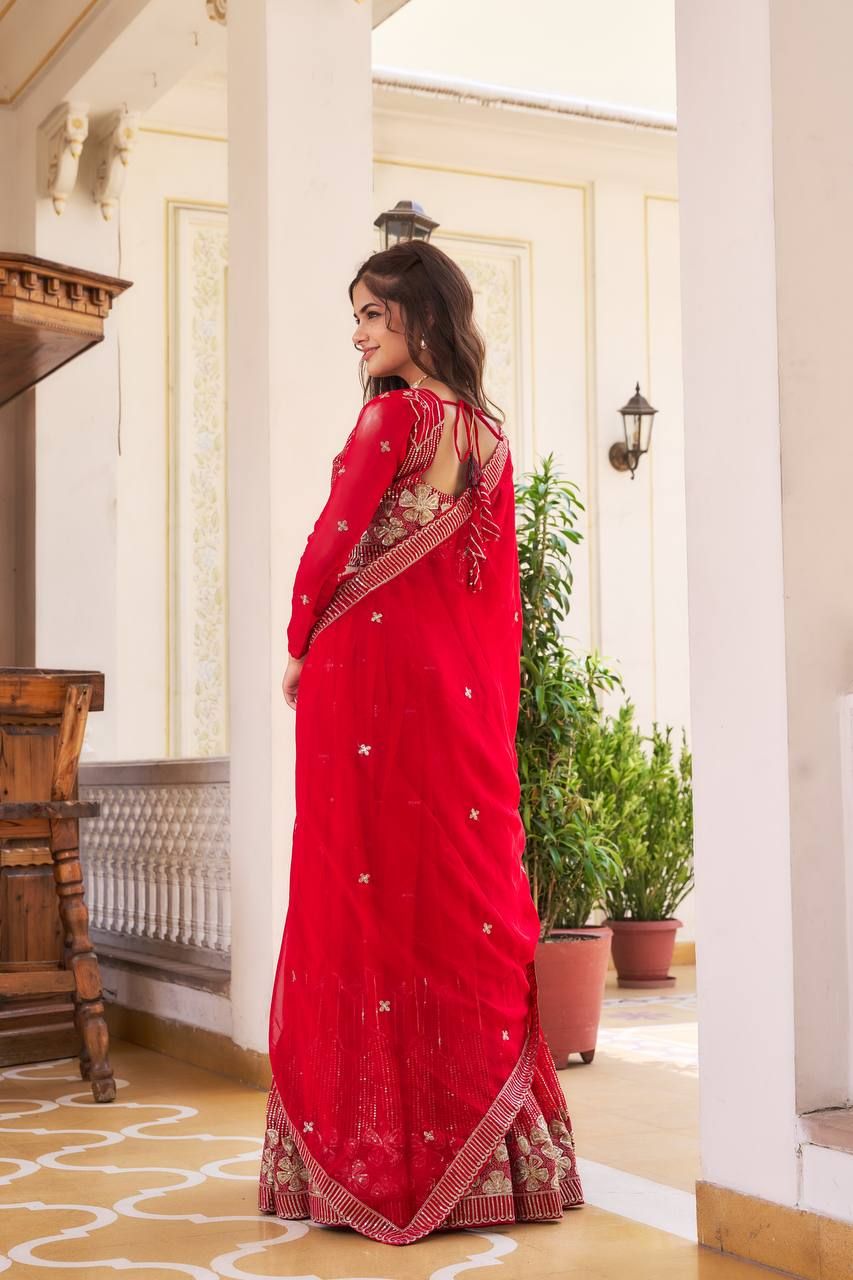 Aastha fashion Red Heavy Fox Georgette lehanga blouse fabric Embroidery Sequence Work