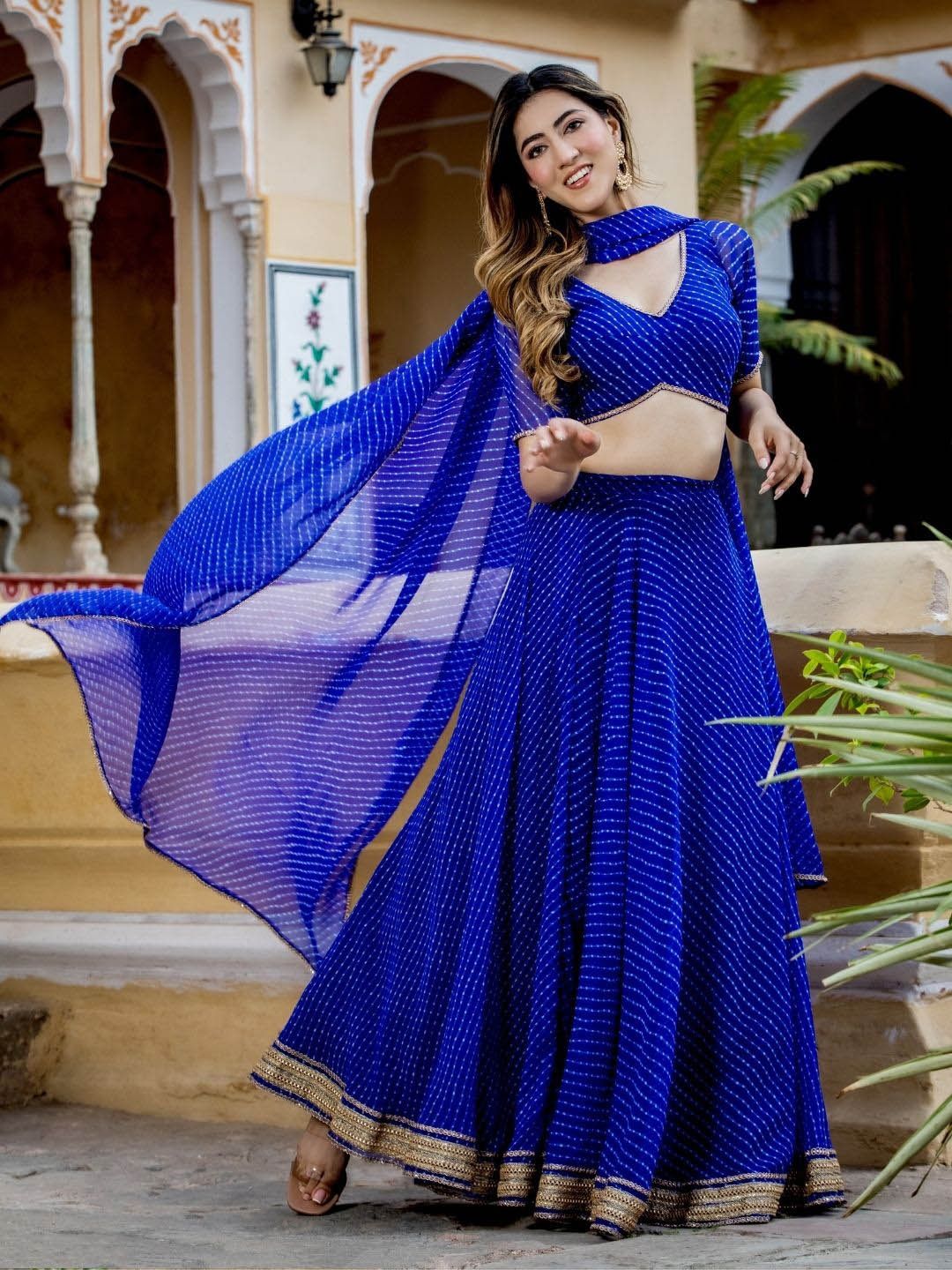 Aastha fashion Blue Georgette lehanga blouse fabric Zari and Cording Lace work with Leheriya Print
