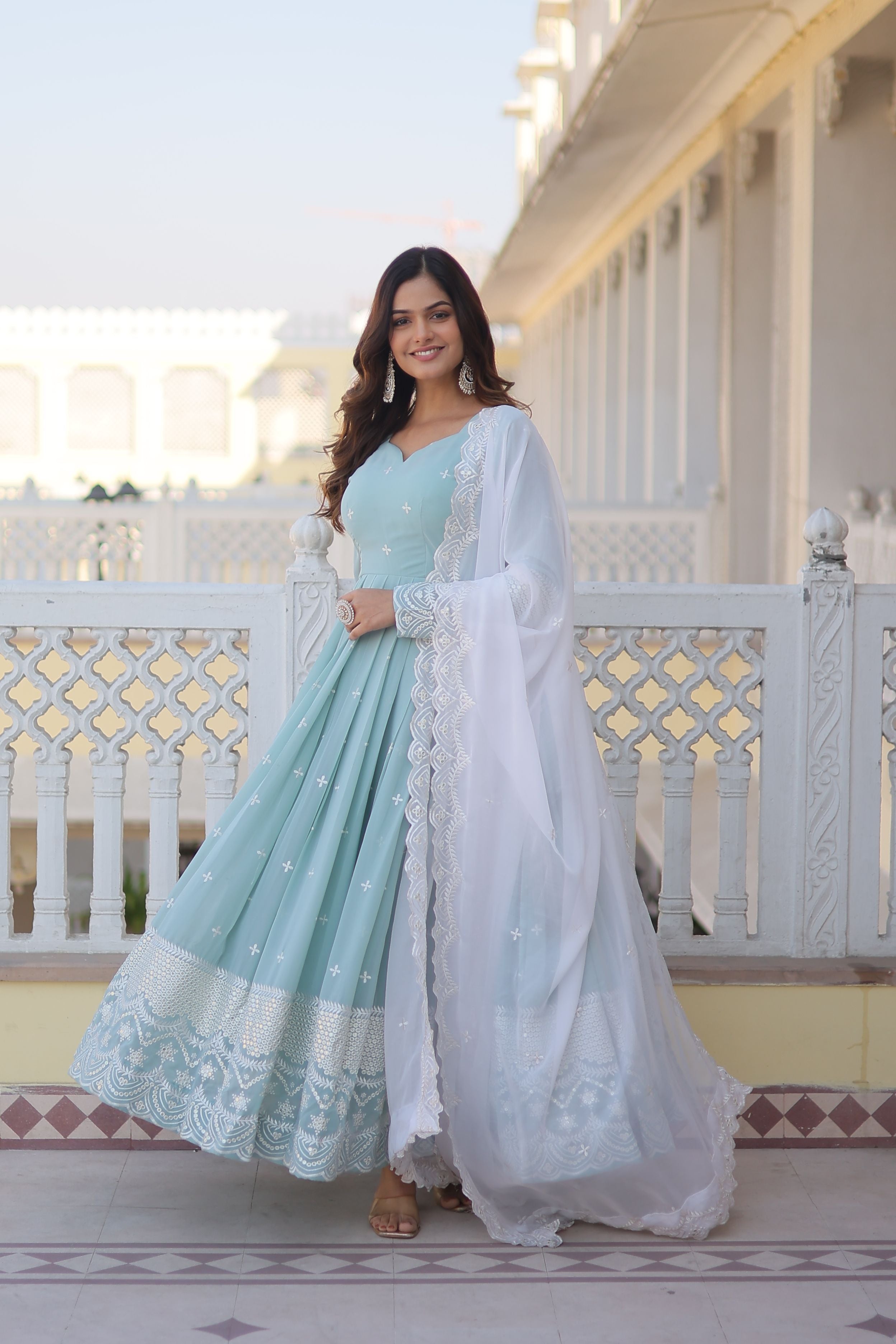 Aastha Sea Green Faux Georgette Russian Silk with Gown Embroidered