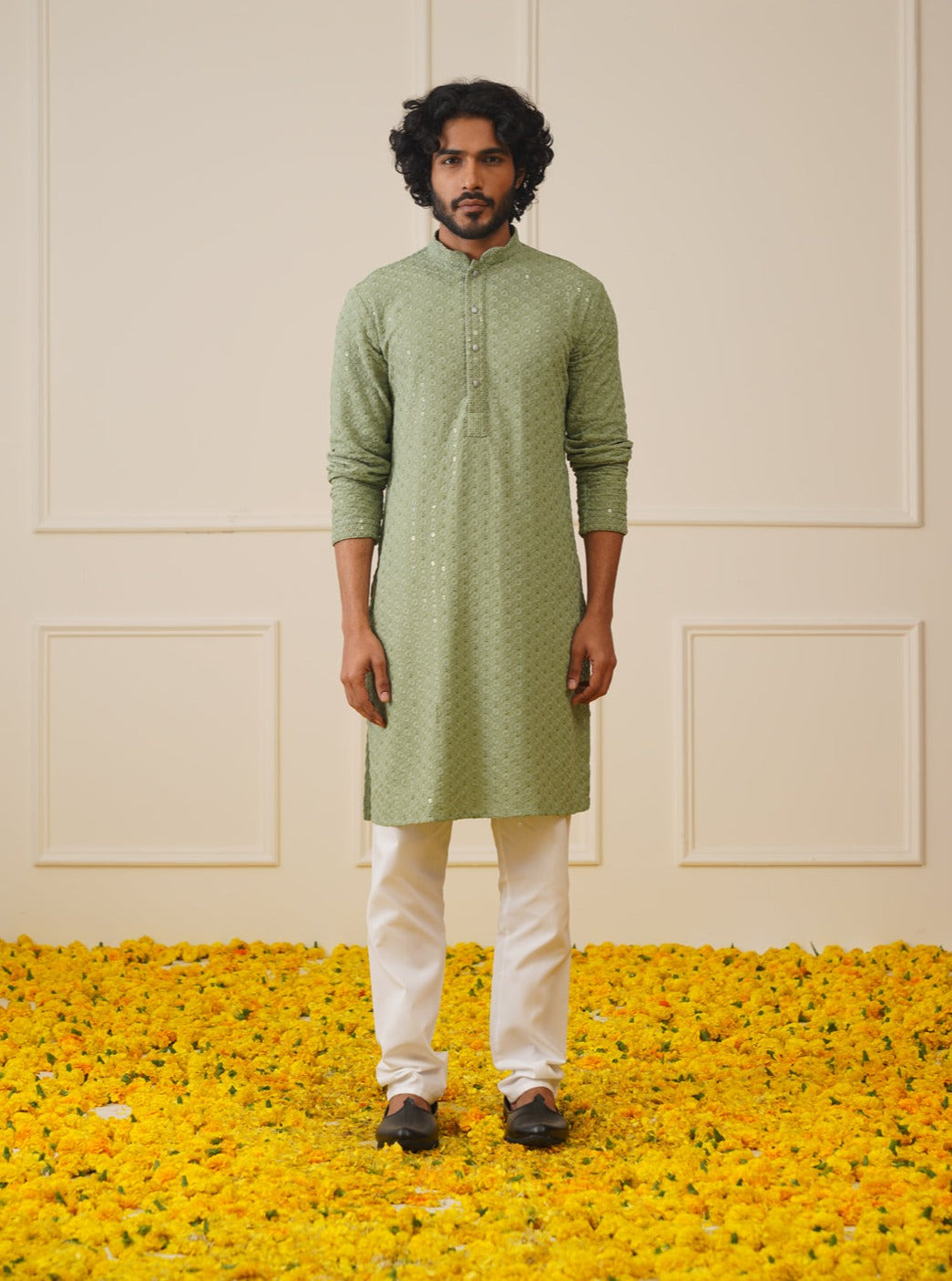 Men Green Chikankari Embroidered and Sequence Kurta with Churidar