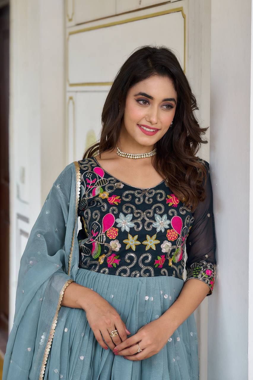 Aastha Sky Fox Georgette with Gown Fabric Hsequence Embroidery with thread Work