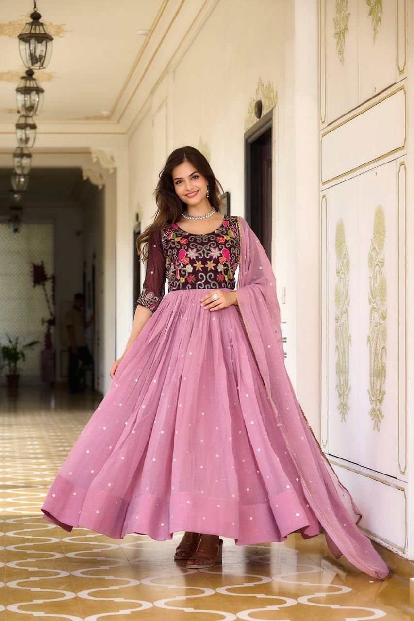 Aastha Pink Fox Georgette with Gown Fabric Hsequence Embroidery with thread Work