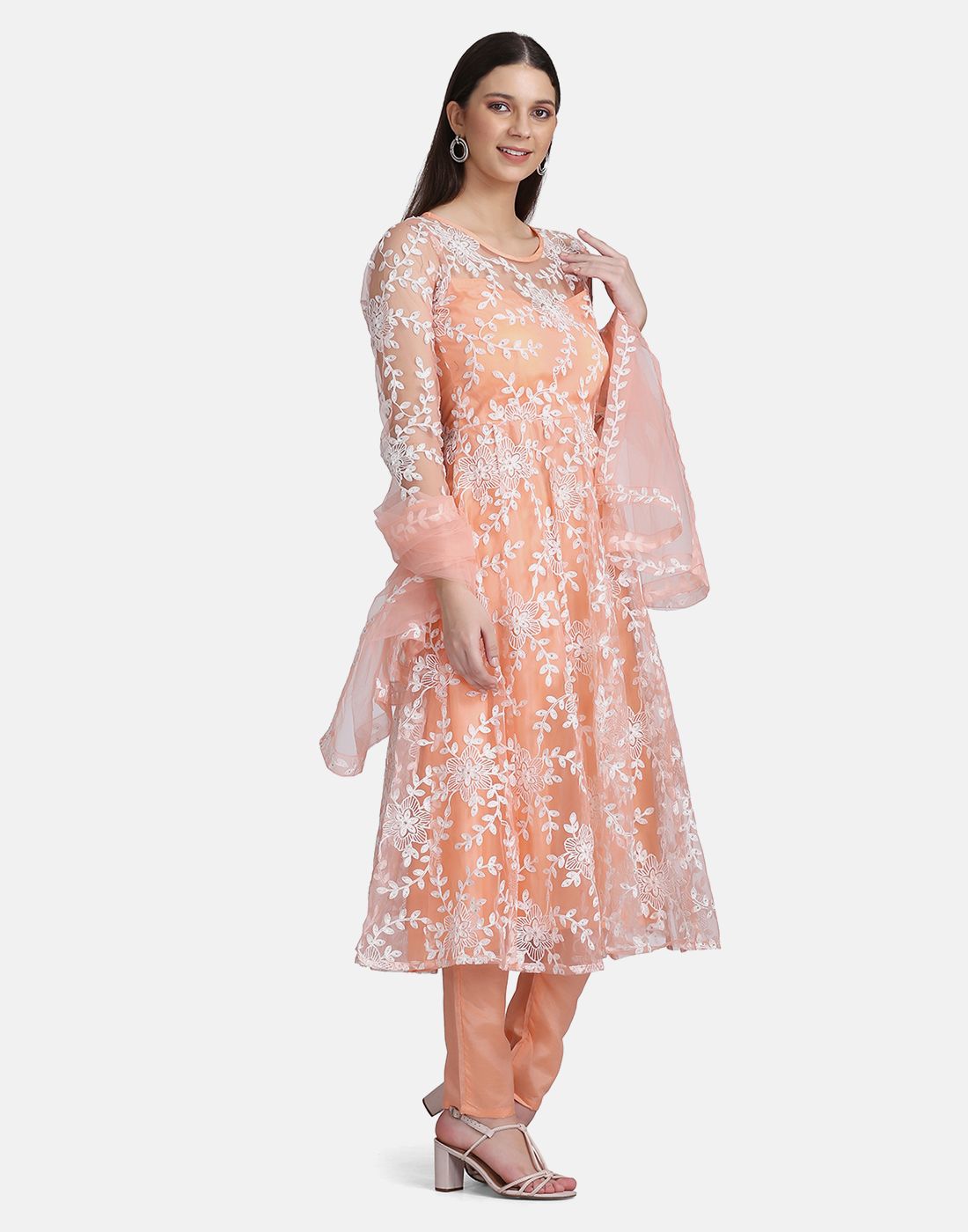 Aastha Peach Dupatta with Net top fabric Crepe Bottom fabric