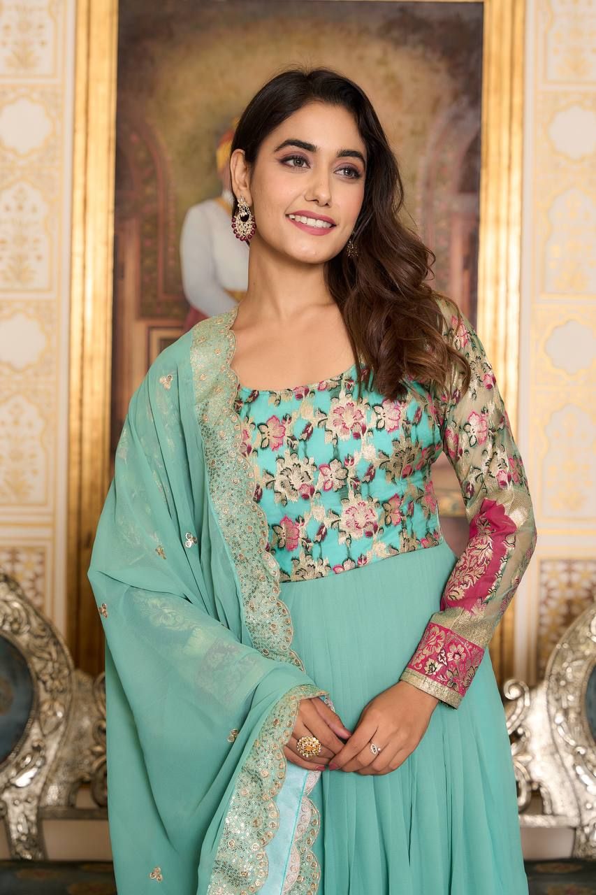 Aastha Sea Green Fox Georgette with Micro Cotton pure zecard work