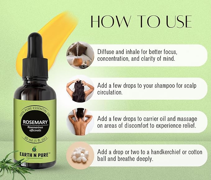 Earth N Pure Rosemary Essential Oil for Hair Growth, Natural & Therapeutic Grade with Glass Dropper
