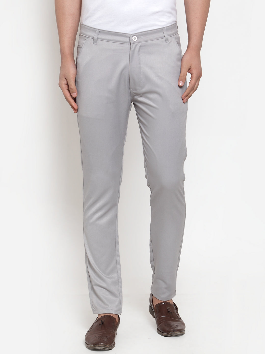 Indian Needle Men's Grey Solid Formal Trousers
